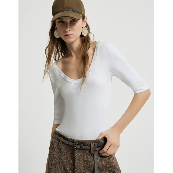 Brunello Cucinelli Ribbed jersey T-shirt in White Top, view 5