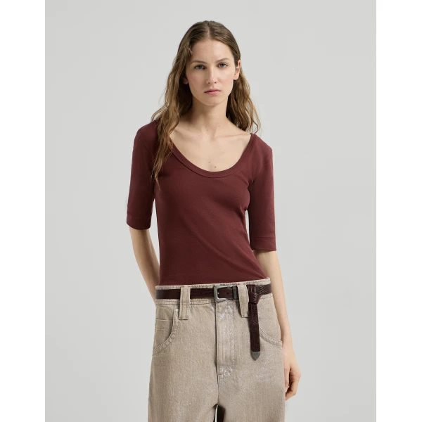 Brunello Cucinelli Ribbed jersey T-shirt in Wine Top, view 2