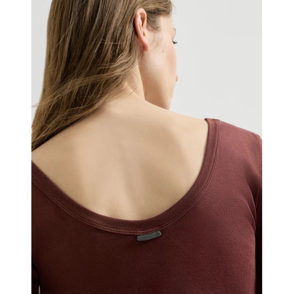 Brunello Cucinelli Ribbed jersey T-shirt in Wine Top, view 4