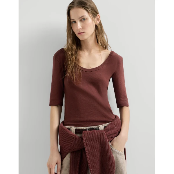 Brunello Cucinelli Ribbed jersey T-shirt in Wine Top, view 5
