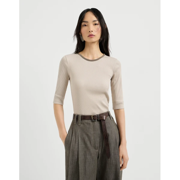 Brunello Cucinelli Ribbed jersey top in Buff, view 2