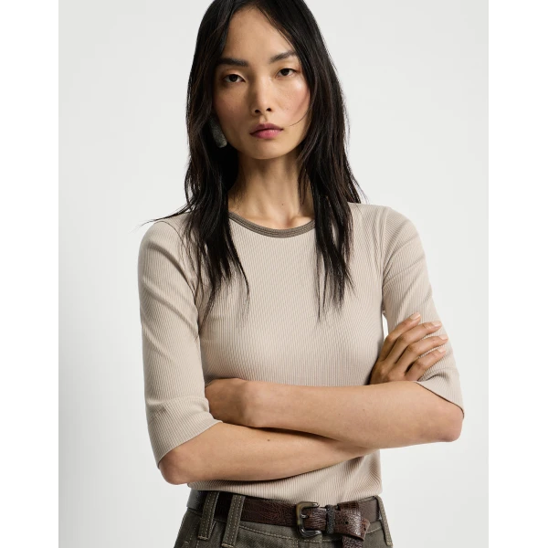 Brunello Cucinelli Ribbed jersey top in Buff, view 5
