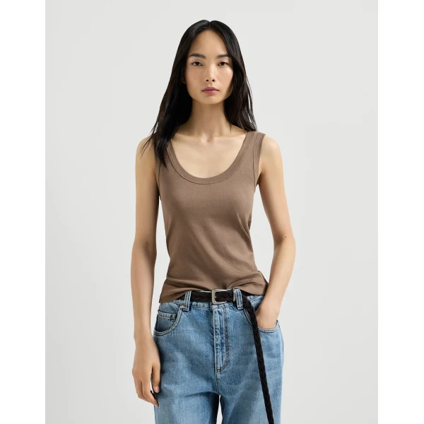 Brunello Cucinelli Ribbed jersey top in Chocolate, view 2
