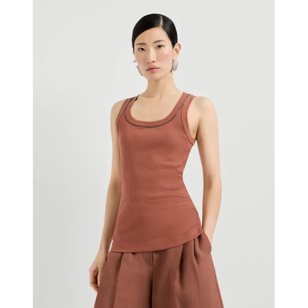 Brunello Cucinelli Ribbed jersey top in Orange, view 2