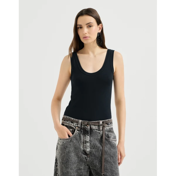 Brunello Cucinelli Ribbed jersey top with monili in Black, view 2