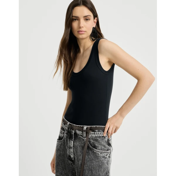 Brunello Cucinelli Ribbed jersey top with monili in Black, view 5
