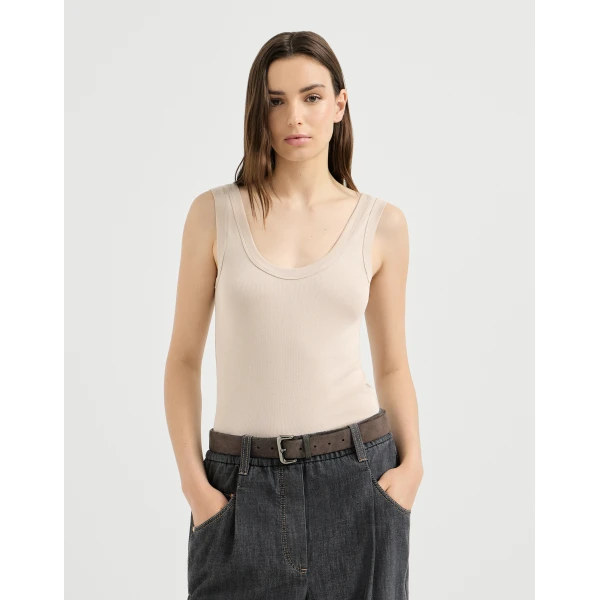 Brunello Cucinelli Ribbed jersey top with monili in Cool Beige, view 2