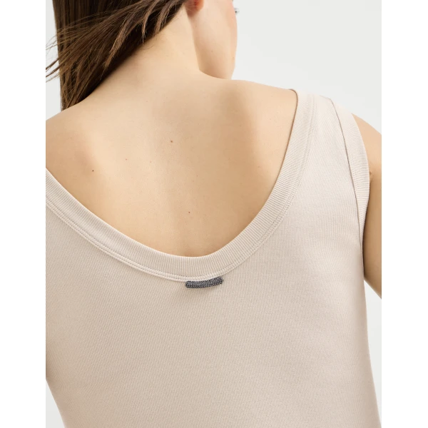 Brunello Cucinelli Ribbed jersey top with monili in Cool Beige, view 4