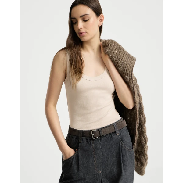 Brunello Cucinelli Ribbed jersey top with monili in Cool Beige, view 5