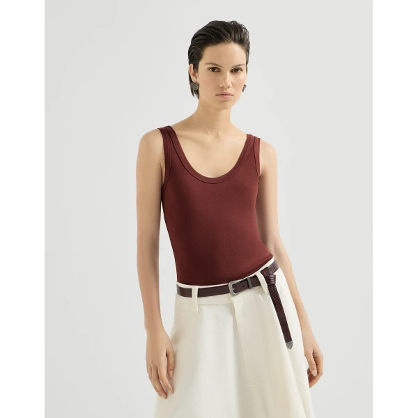 Brunello Cucinelli Ribbed jersey top with monili in Wine, view 2