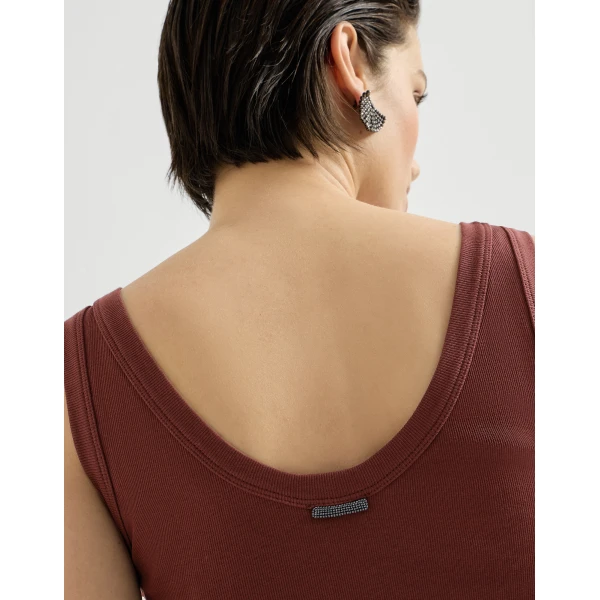 Brunello Cucinelli Ribbed jersey top with monili in Wine, view 4