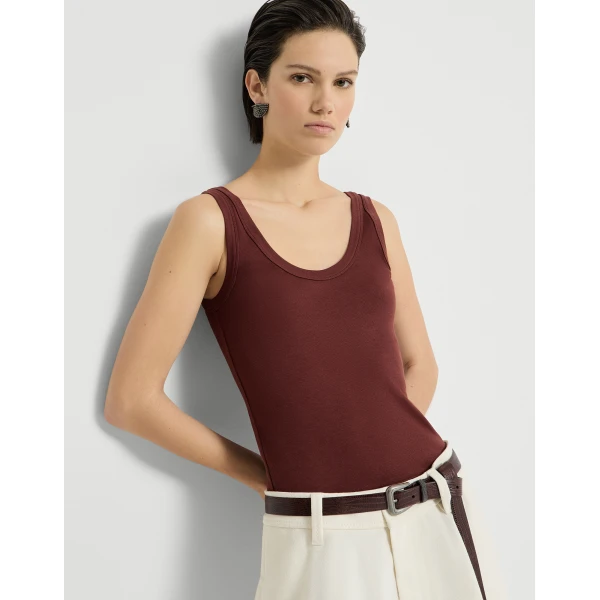 Brunello Cucinelli Ribbed jersey top with monili in Wine, view 5
