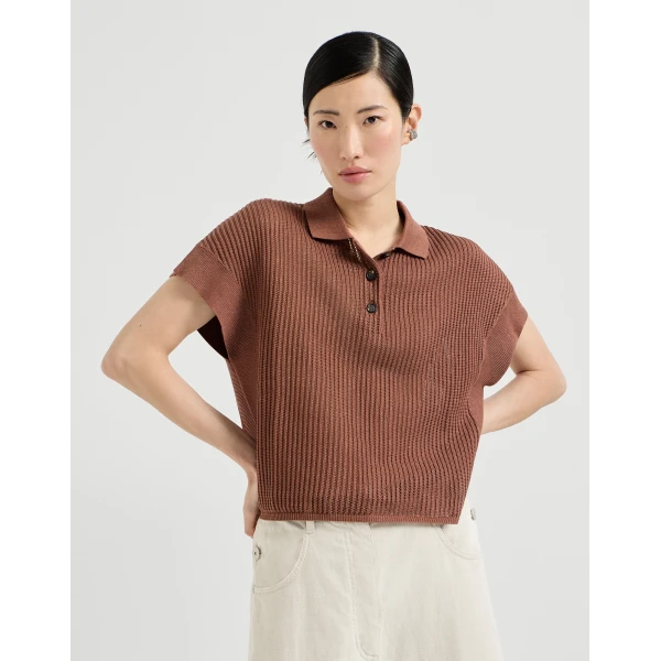 Brunello Cucinelli Ribbed net polo shirt in Firebrick, view 2