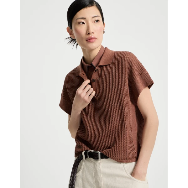 Brunello Cucinelli Ribbed net polo shirt in Firebrick, view 5