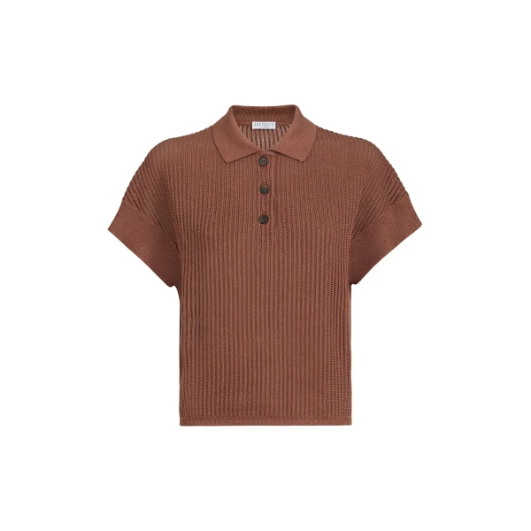 Brunello Cucinelli Ribbed net polo shirt in Firebrick