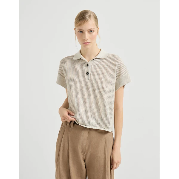 Brunello Cucinelli Ribbed net polo shirt in Oat, view 2