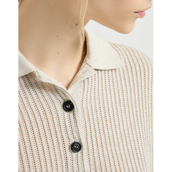 Brunello Cucinelli Ribbed net polo shirt in Oat, view 4