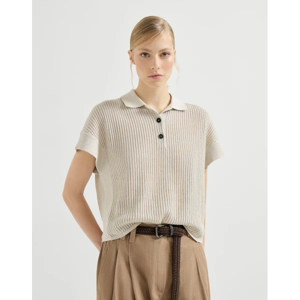 Brunello Cucinelli Ribbed net polo shirt in Oat, view 5