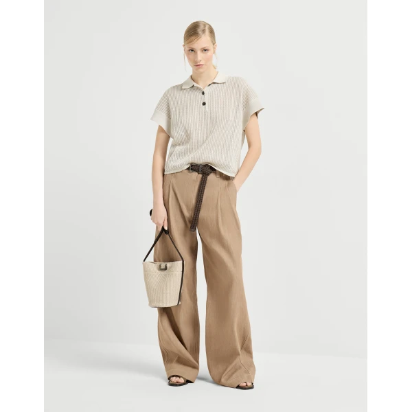 Brunello Cucinelli Ribbed net polo shirt in Oat, view 6
