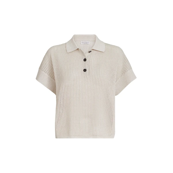 Brunello Cucinelli Ribbed net polo shirt in Oat