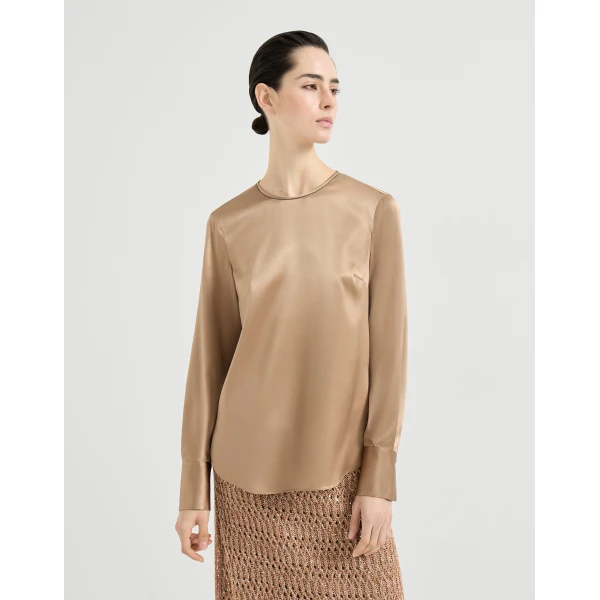 Brunello Cucinelli Satin T-shirt in Chocolate Top, view 2