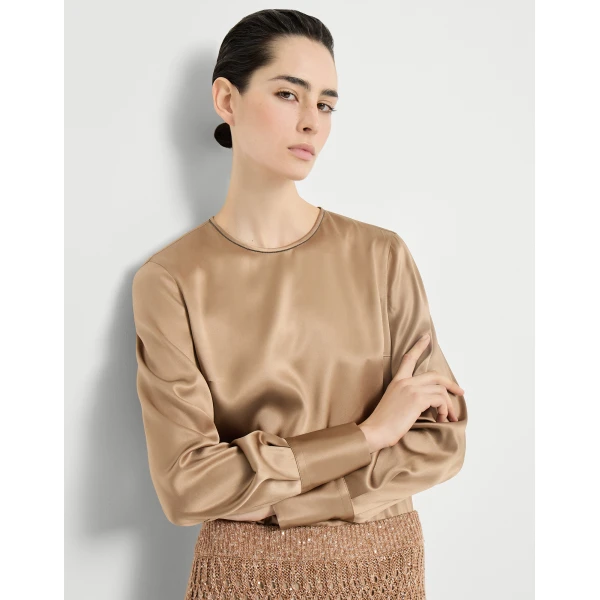 Brunello Cucinelli Satin T-shirt in Chocolate Top, view 5