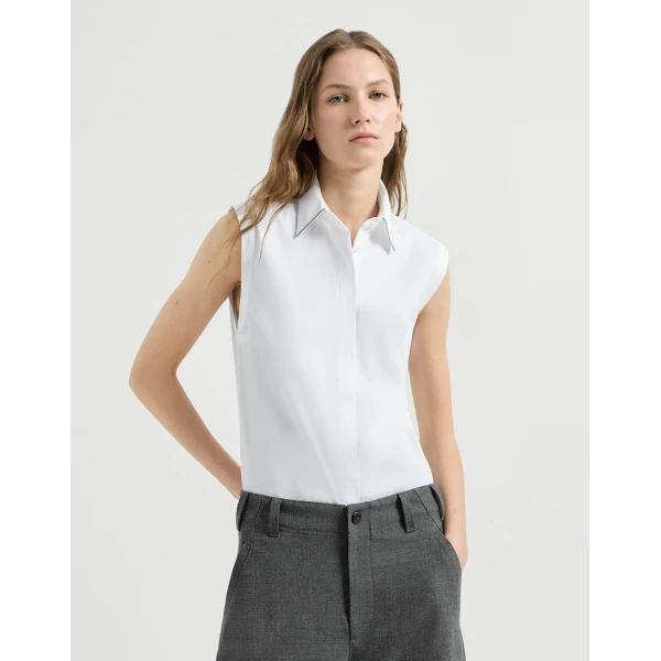 Brunello Cucinelli Sleeveless Shirt with Shiny Trim in White, view 2