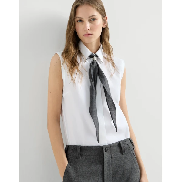 Brunello Cucinelli Sleeveless Shirt with Shiny Trim in White, view 5
