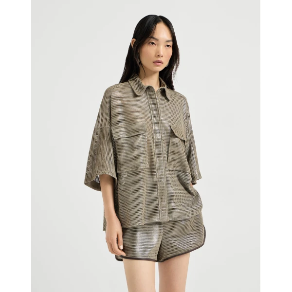Brunello Cucinelli Sparkling leather net shirt in Khaki, view 2