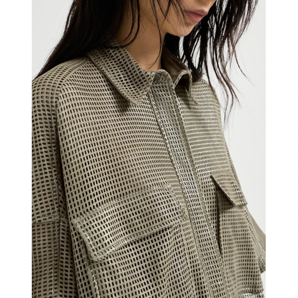 Brunello Cucinelli Sparkling leather net shirt in Khaki, view 4