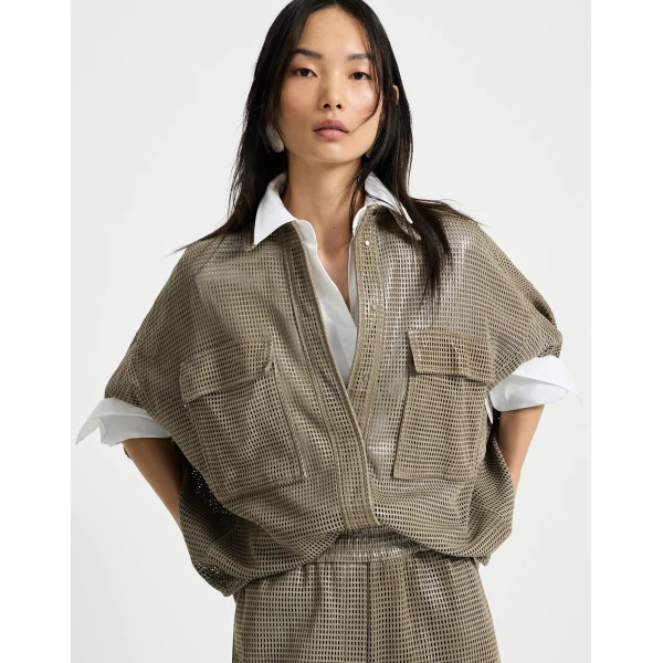 Brunello Cucinelli Sparkling leather net shirt in Khaki, view 5