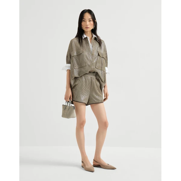 Brunello Cucinelli Sparkling leather net shirt in Khaki, view 6