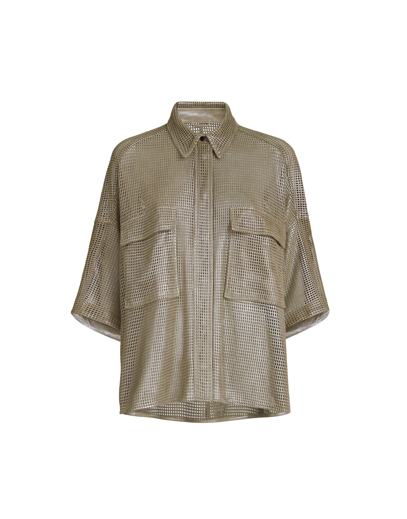 Sparkling leather net shirt in Khaki