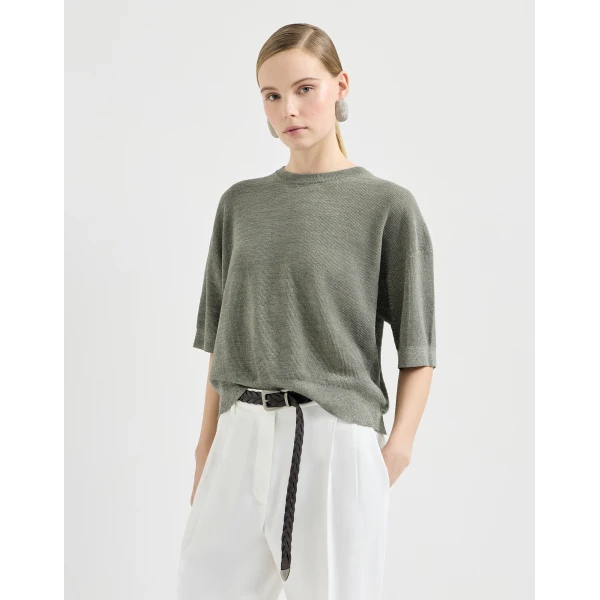 Brunello Cucinelli Sparkling linen sweater in Military, view 2