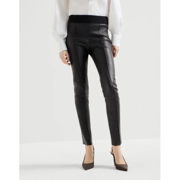 Brunello Cucinelli Stretch nappa leggings in Black, view 2