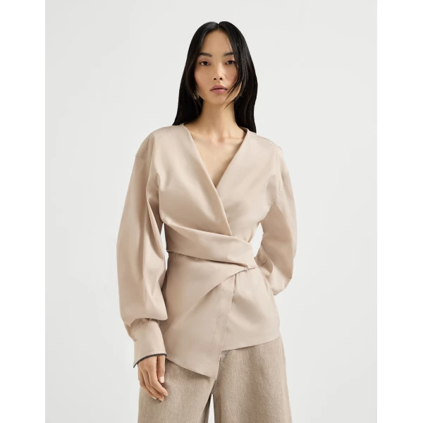 Brunello Cucinelli Stretch poplin shirt with monili in Beige, view 2