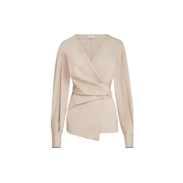Brunello Cucinelli Stretch poplin shirt with monili in Beige