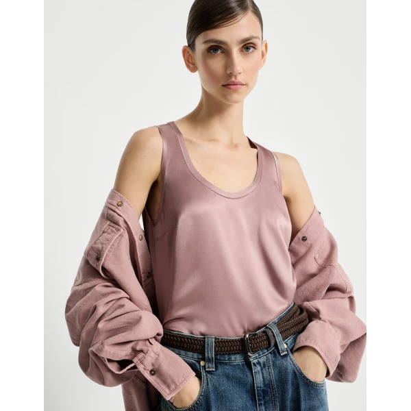 Brunello Cucinelli Stretch silk satin camisole in Antique Pink, view 5