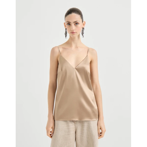 Brunello Cucinelli Stretch silk satin camisole in Beige, view 2