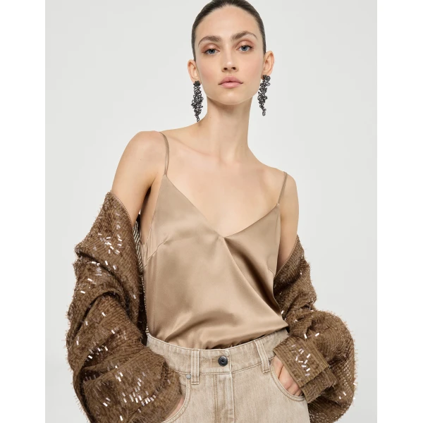 Brunello Cucinelli Stretch silk satin camisole in Beige, view 5
