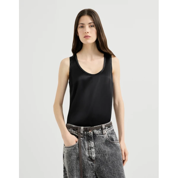 Brunello Cucinelli Stretch silk satin camisole in Black, view 2