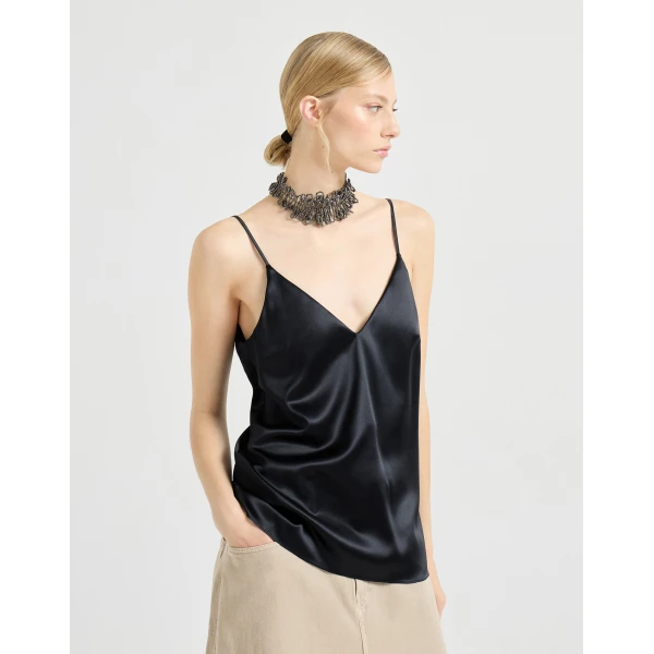 Brunello Cucinelli Stretch silk satin camisole in Black, view 2