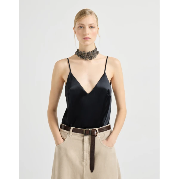 Brunello Cucinelli Stretch silk satin camisole in Black, view 5