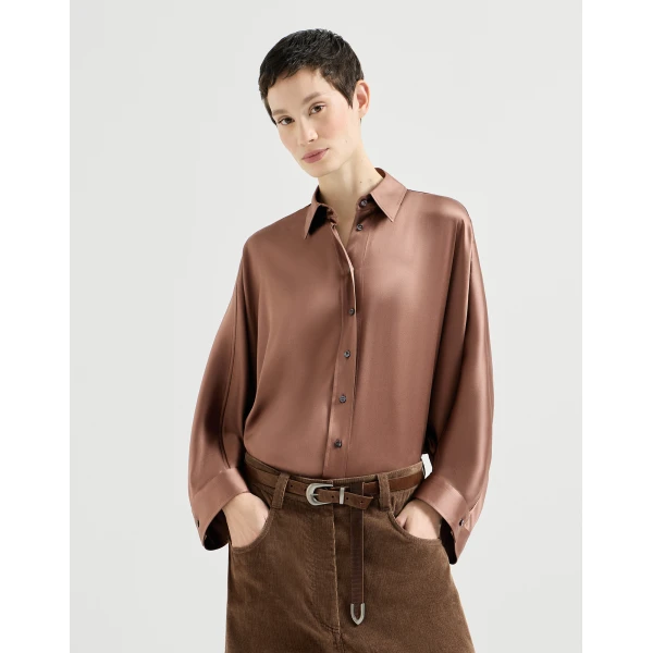 Brunello Cucinelli Stretch silk satin shirt in Dattero, view 2