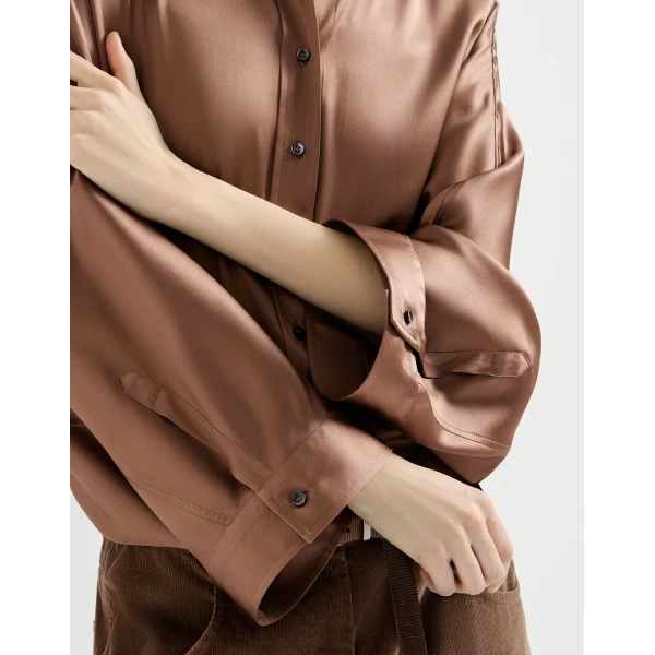Brunello Cucinelli Stretch silk satin shirt in Dattero, view 4