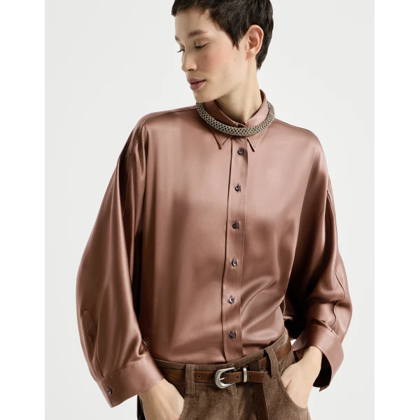 Brunello Cucinelli Stretch silk satin shirt in Dattero, view 5