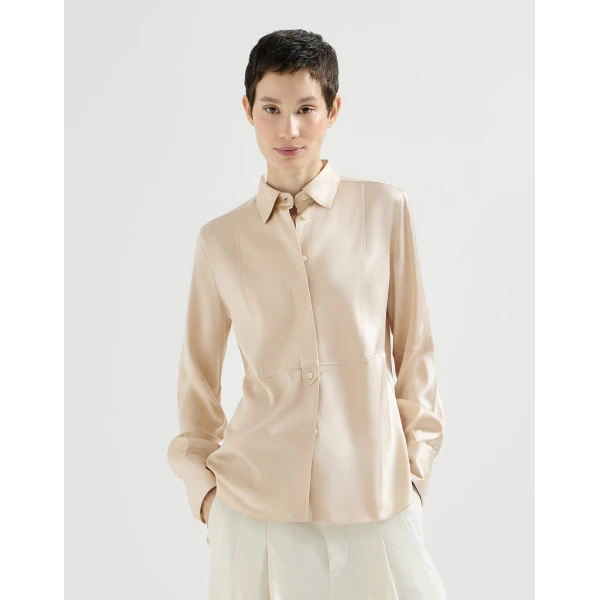 Brunello Cucinelli Stretch silk satin shirt in Sand, view 2