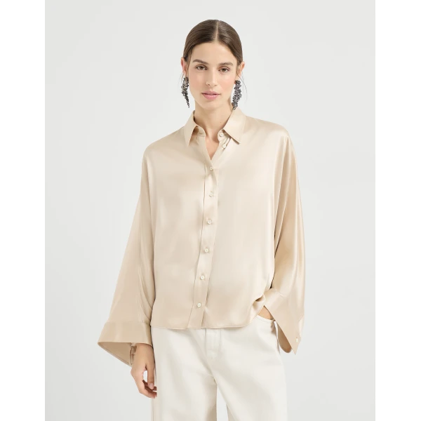 Brunello Cucinelli Stretch silk satin shirt in Sand, view 2