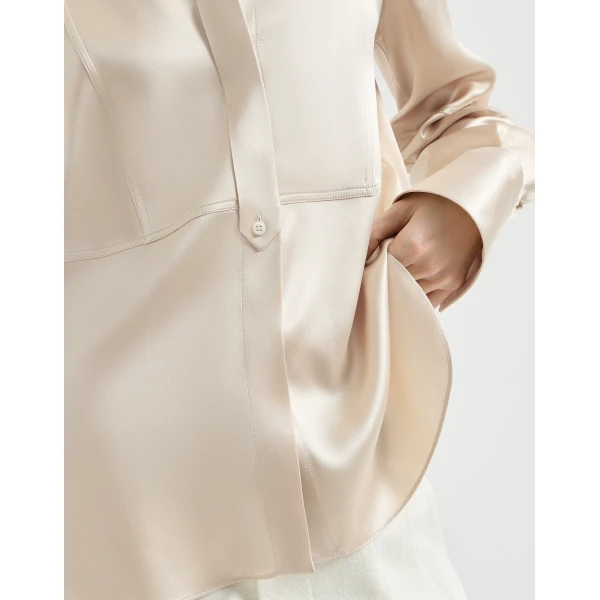 Brunello Cucinelli Stretch silk satin shirt in Sand, view 4