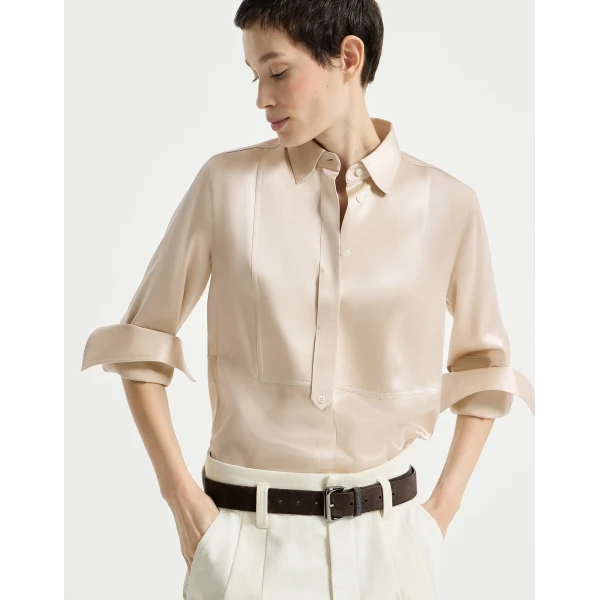 Brunello Cucinelli Stretch silk satin shirt in Sand, view 5